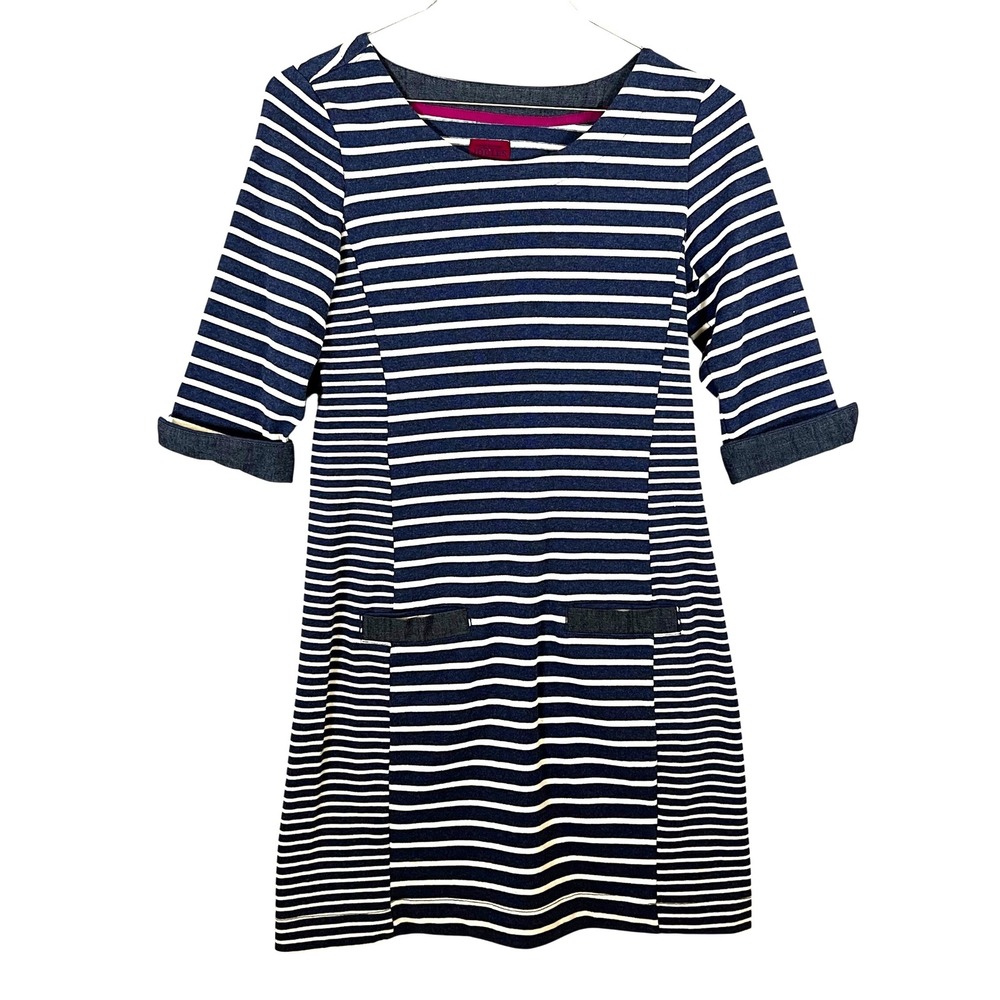 Joules Striped Knit Dress Casual Denim Trim‎ Pockets US 6